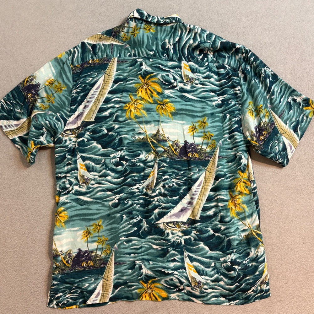 Tommy Bahama Mens Large Rayon Sailboat Palm Tree Nautical Camp Shirt Teal Blue - Picture 3 of 9